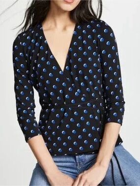 Bailey 44 Black Wrap Blouse with Blue Crescent Dot Print